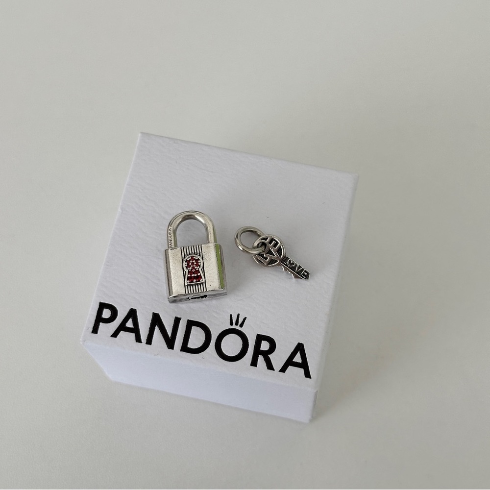 Pandora Silver and Red Lock and Key Charm Set